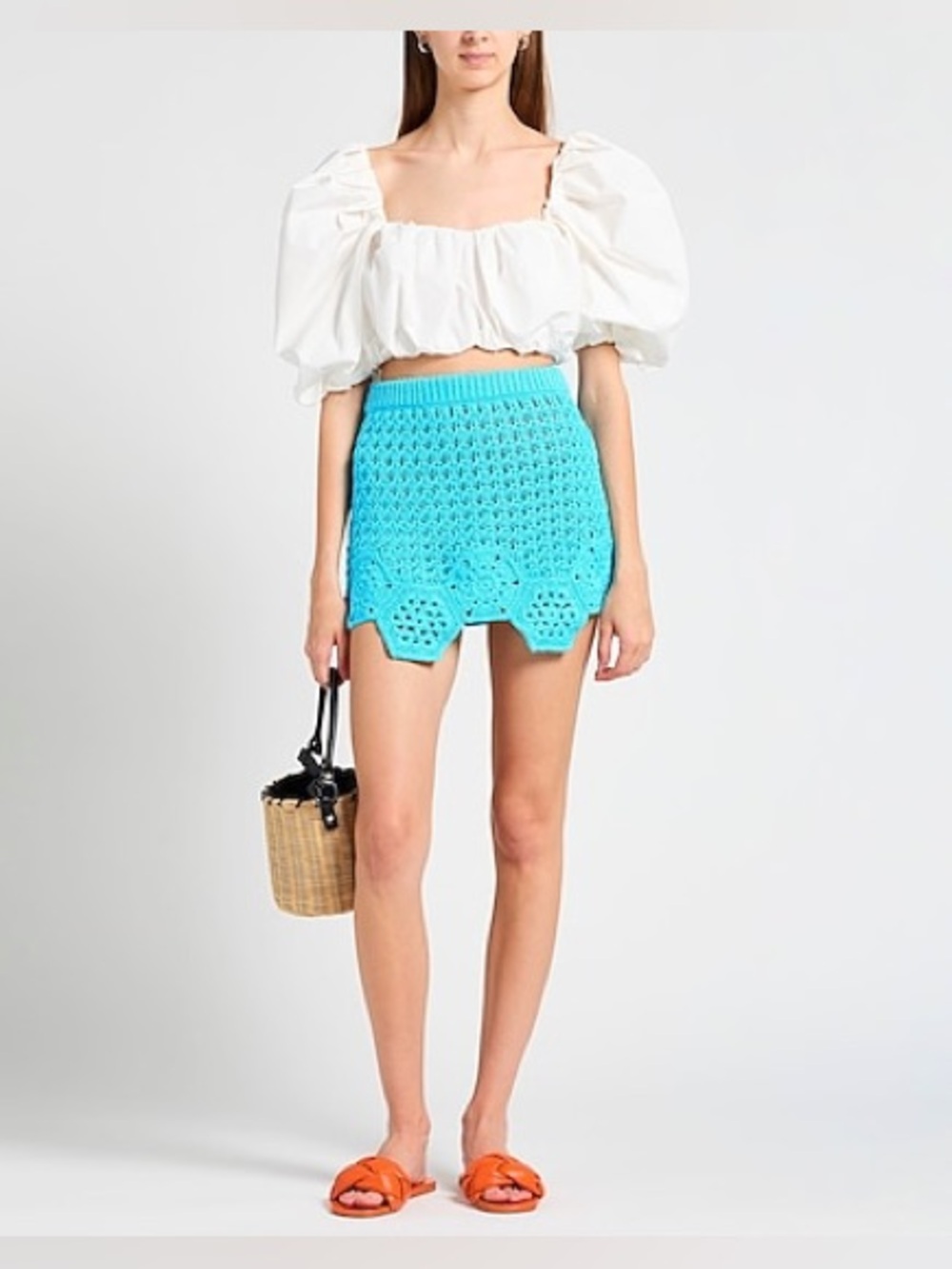 ALANUI Crochet Knit Mini Skirt in Azure Blue, Size XS/S